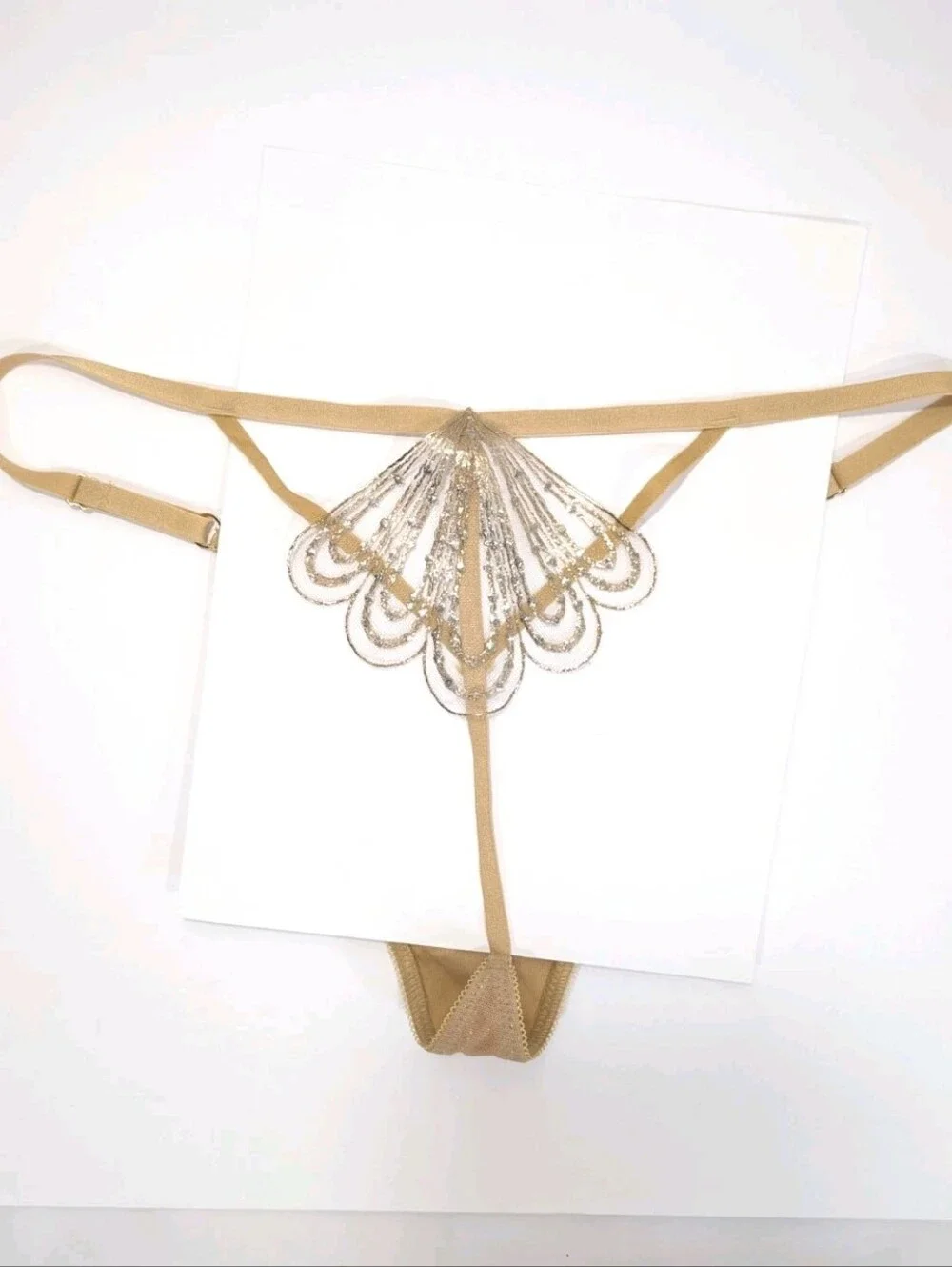 Victoria's Secret Very Sexy Showgirl V String Thong Large Embroidery Panty gold
